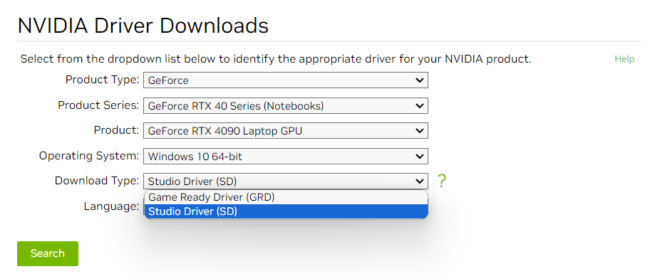 Nvidia-Studios-Driver-selection